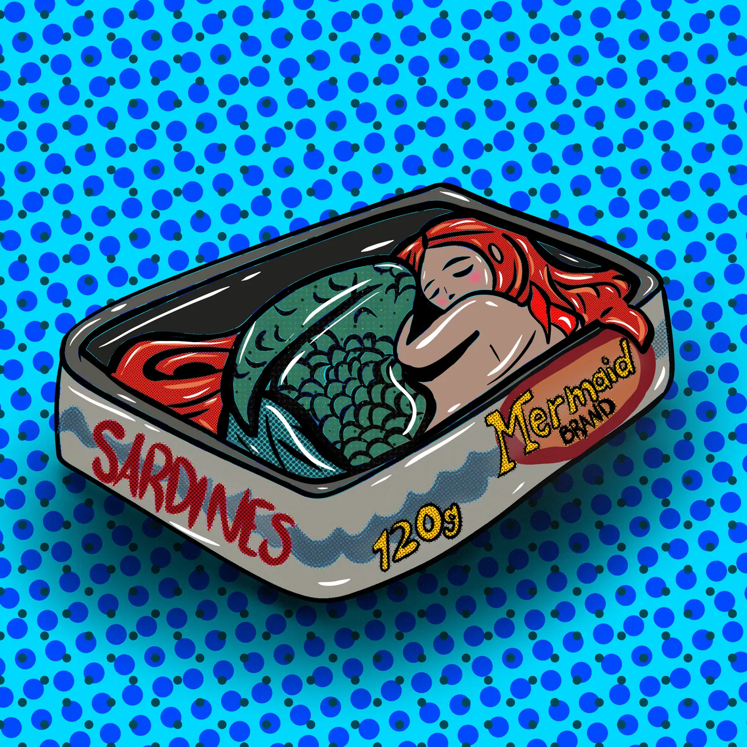 Illustration of mermaids packed into a sardine tin