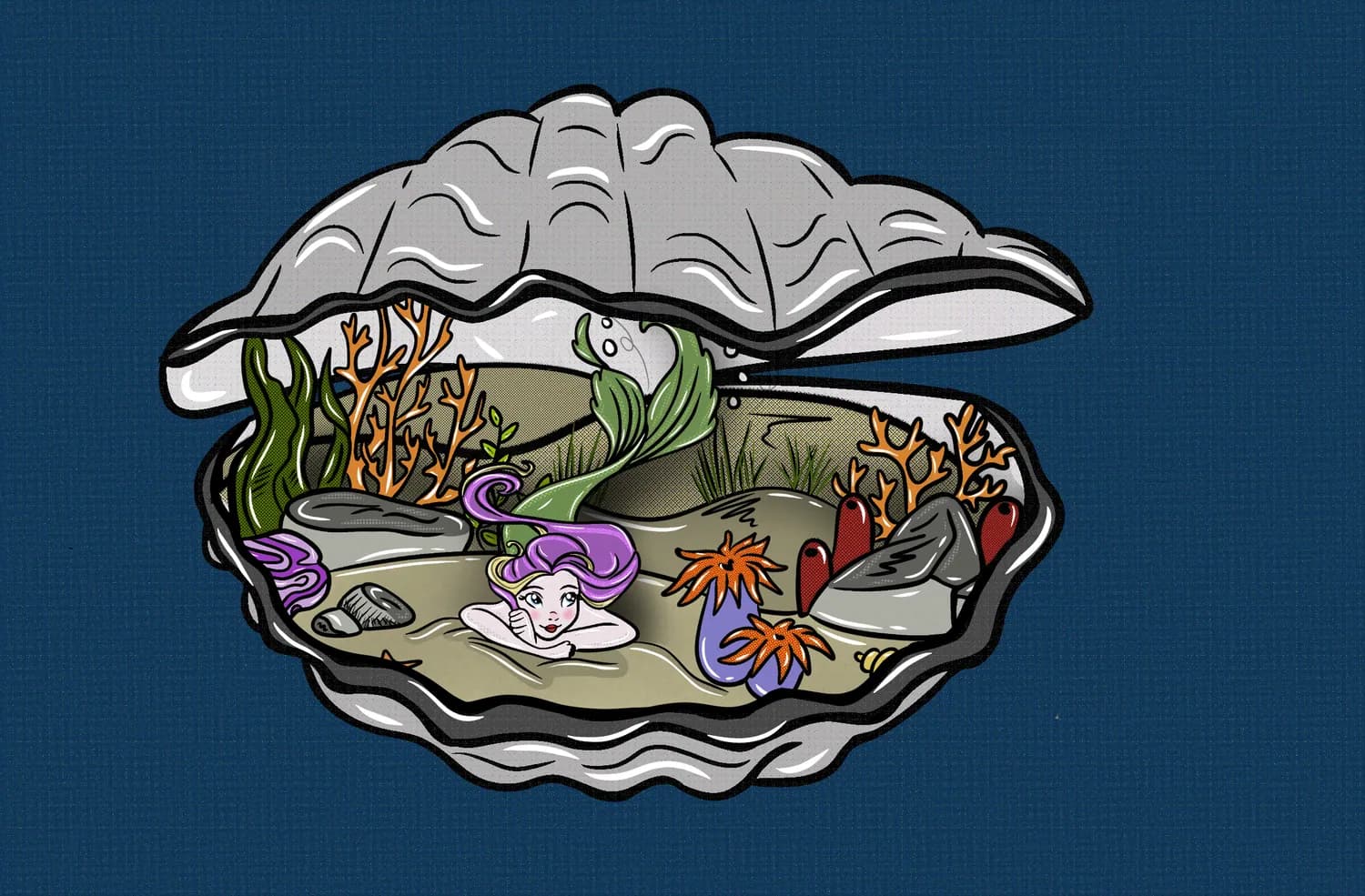 Illustration of a miniature reef inside an oyster shell