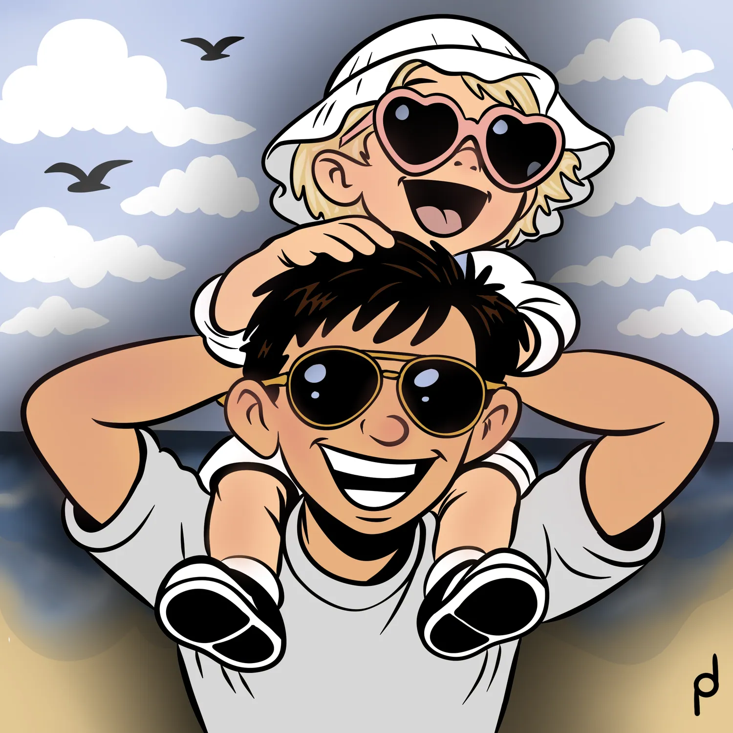 Illustration of two friends in sunglasses at the shore