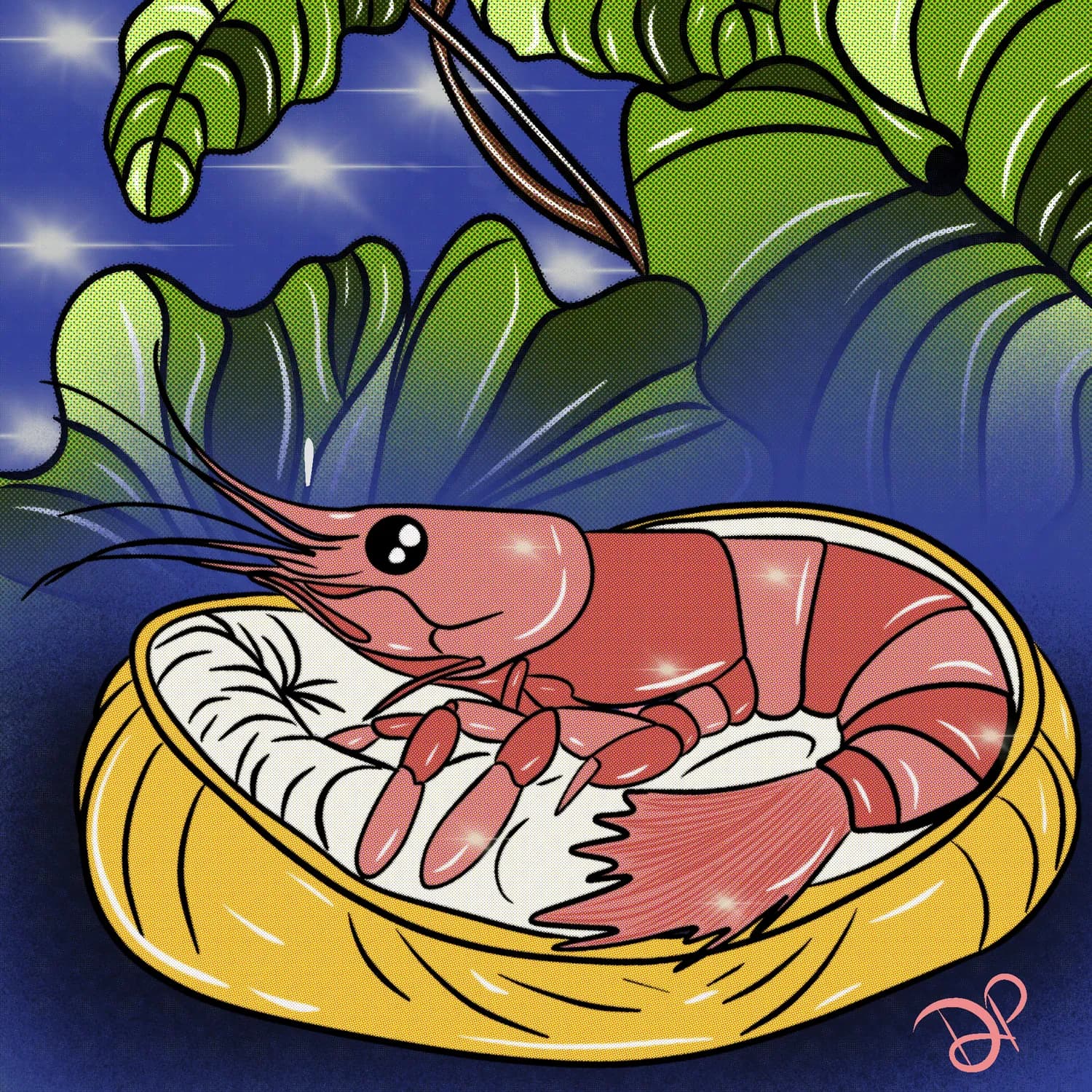 Illustration of a mermaid curled inside a shrimp