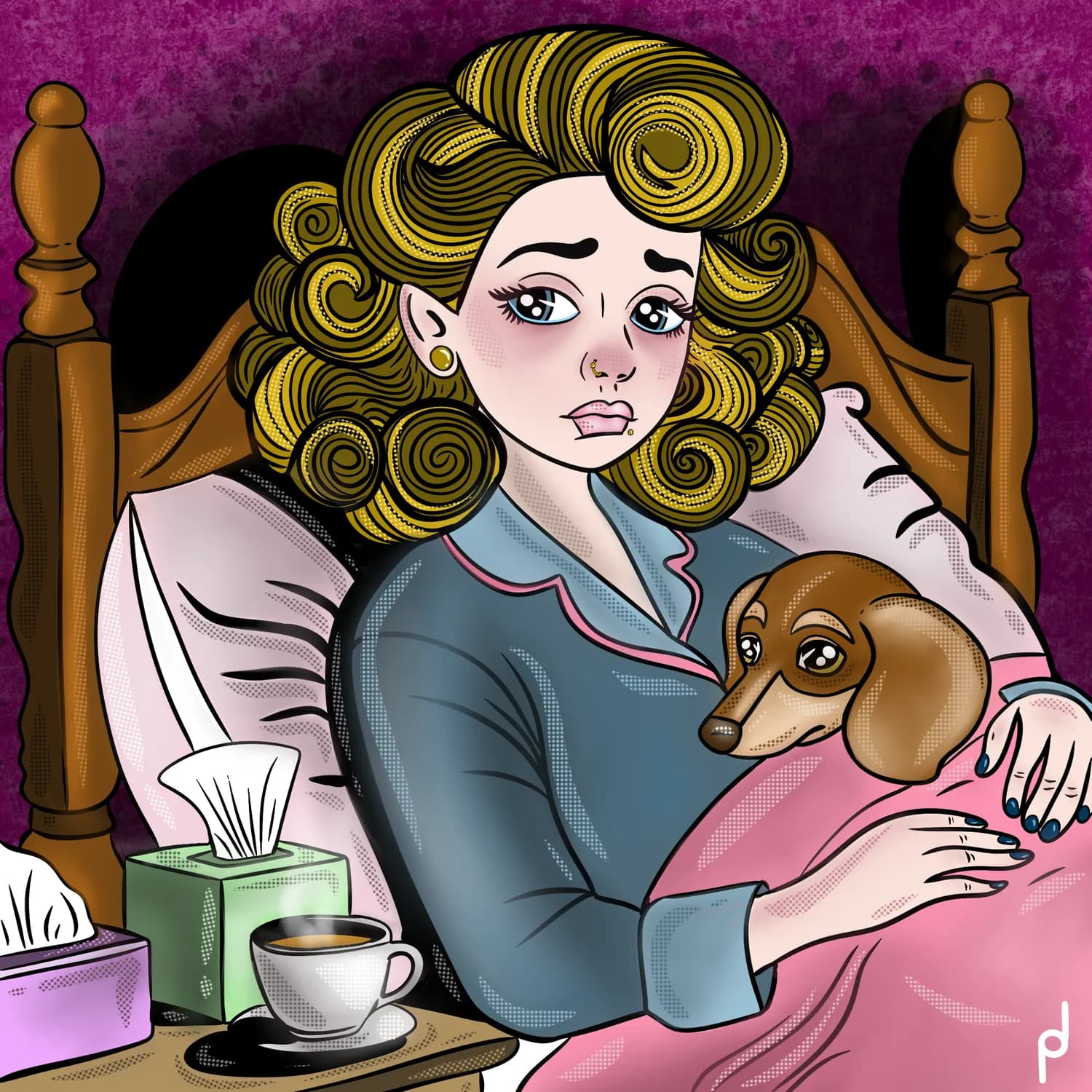 Illustration of a woman in bed with a dachshund