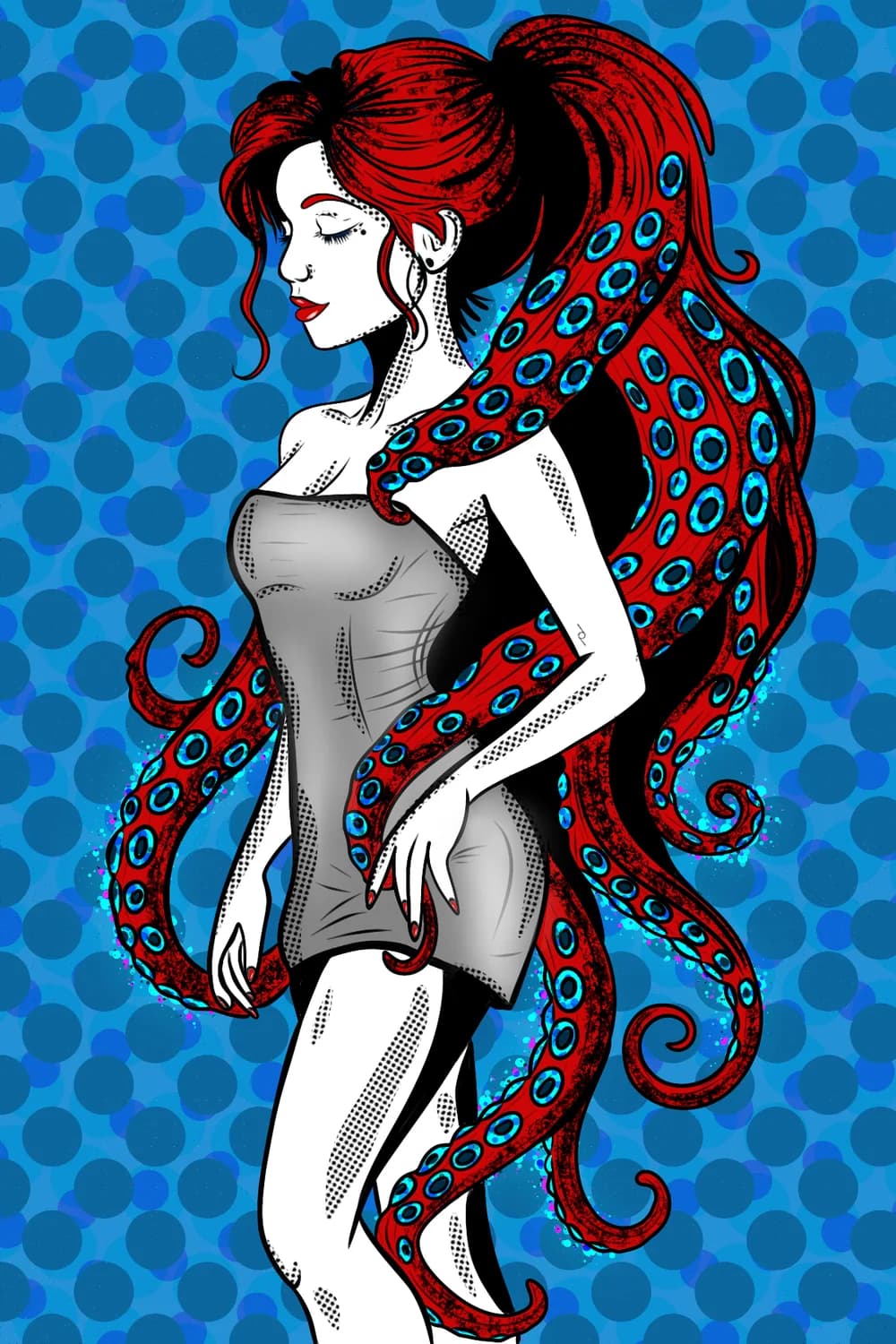 Illustration of a woman with red octopus tentacles for hair