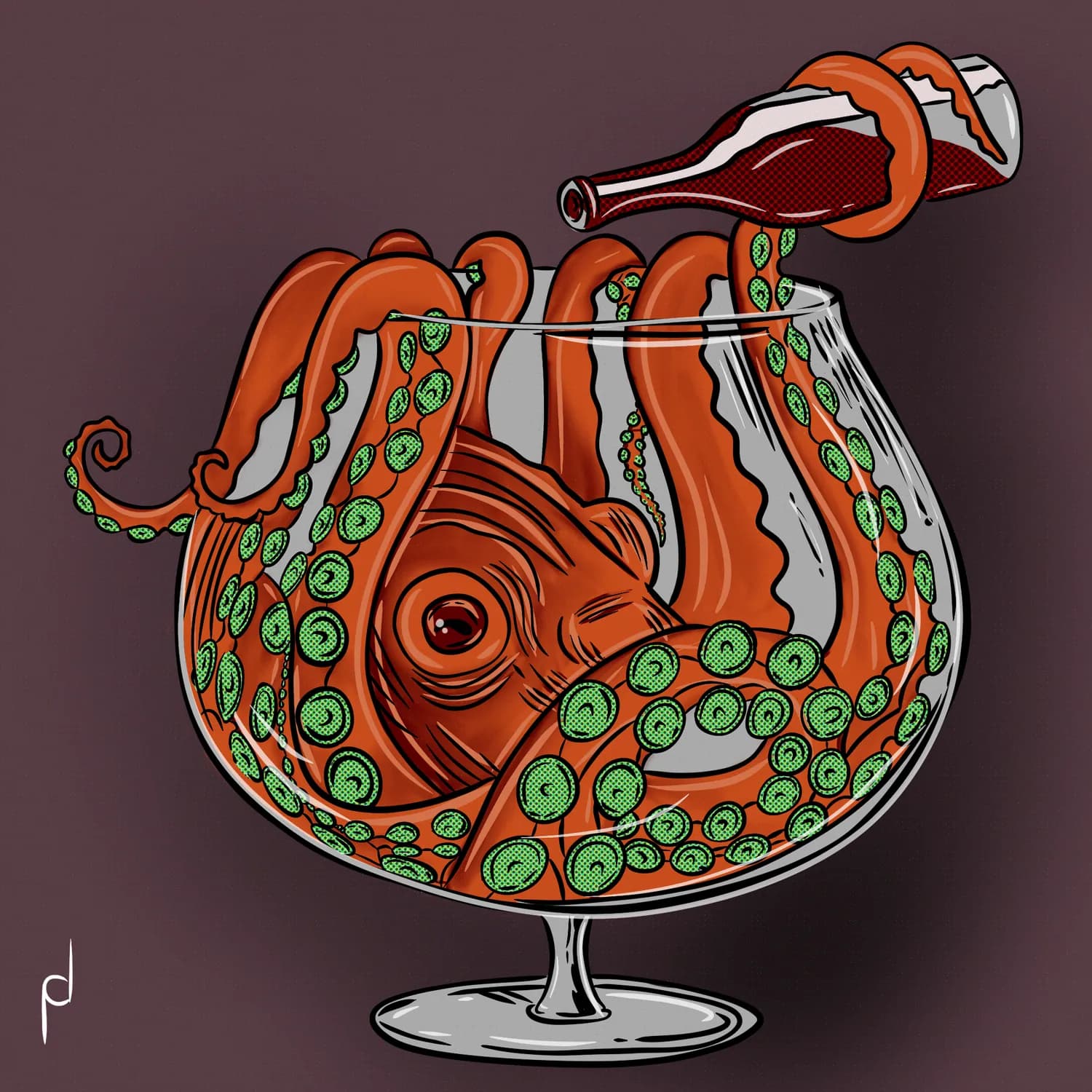 Illustration of a goldfish and octopus inside a brandy glass