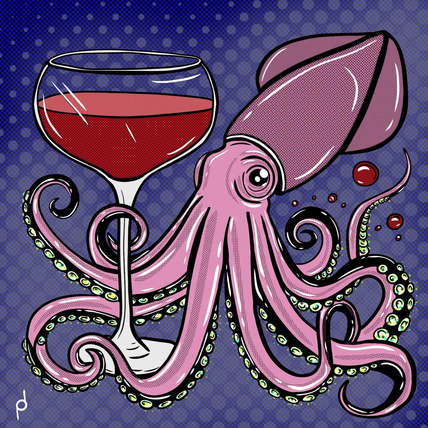 Illustration of a pink squid coiled around a wine glass