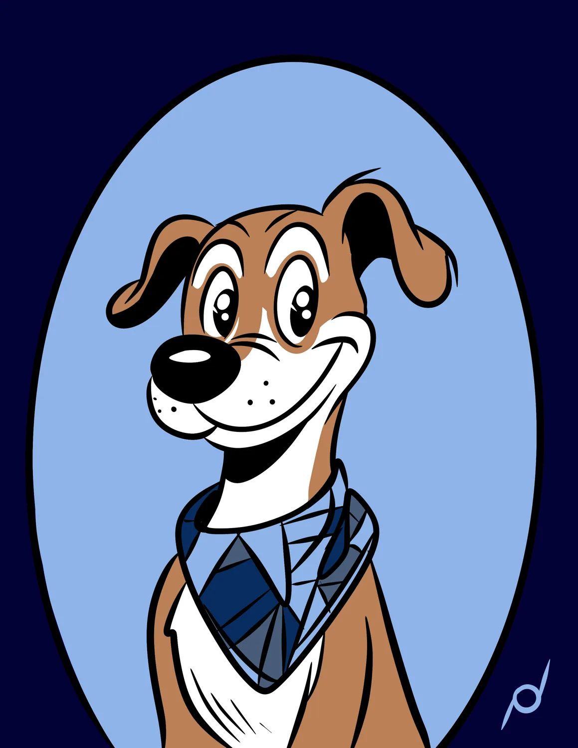 Cartoon portrait of a brown dog in a patterned bandana, framed in an oval