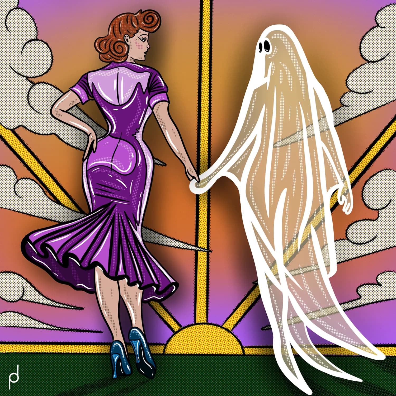 Illustration of a woman walking beside a ghost