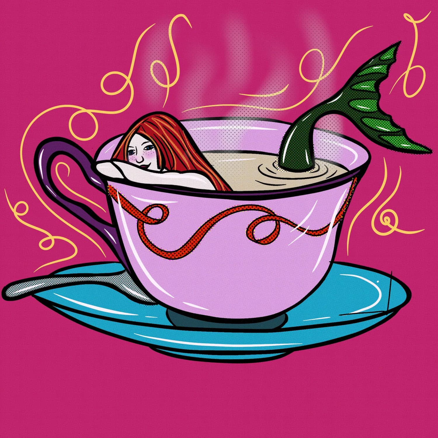 Illustration of a mermaid bathing in a teacup