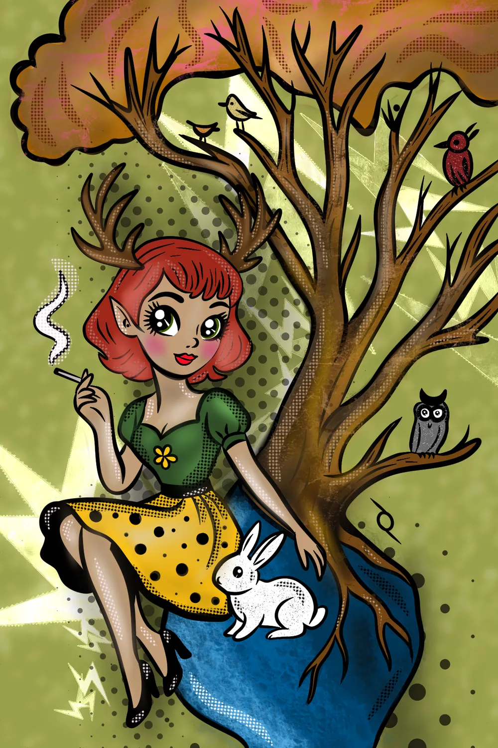 Illustration of a woman sitting in a tree with an owl
