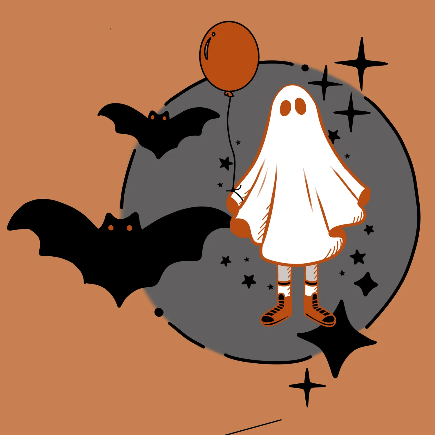 Illustration of a ghost with a balloon and bats