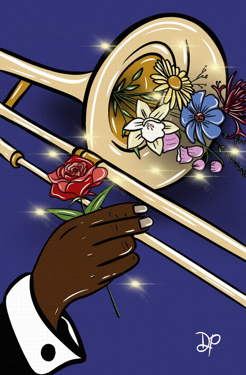 Illustration of a trombone spilling flowers