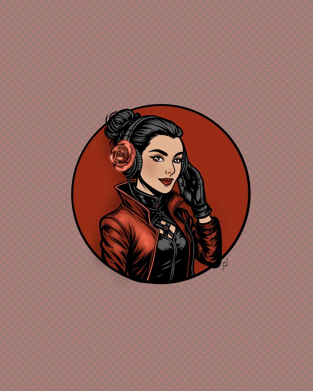 Illustration of a woman in a red leather jacket wearing headphones, a rose pinned in her hair