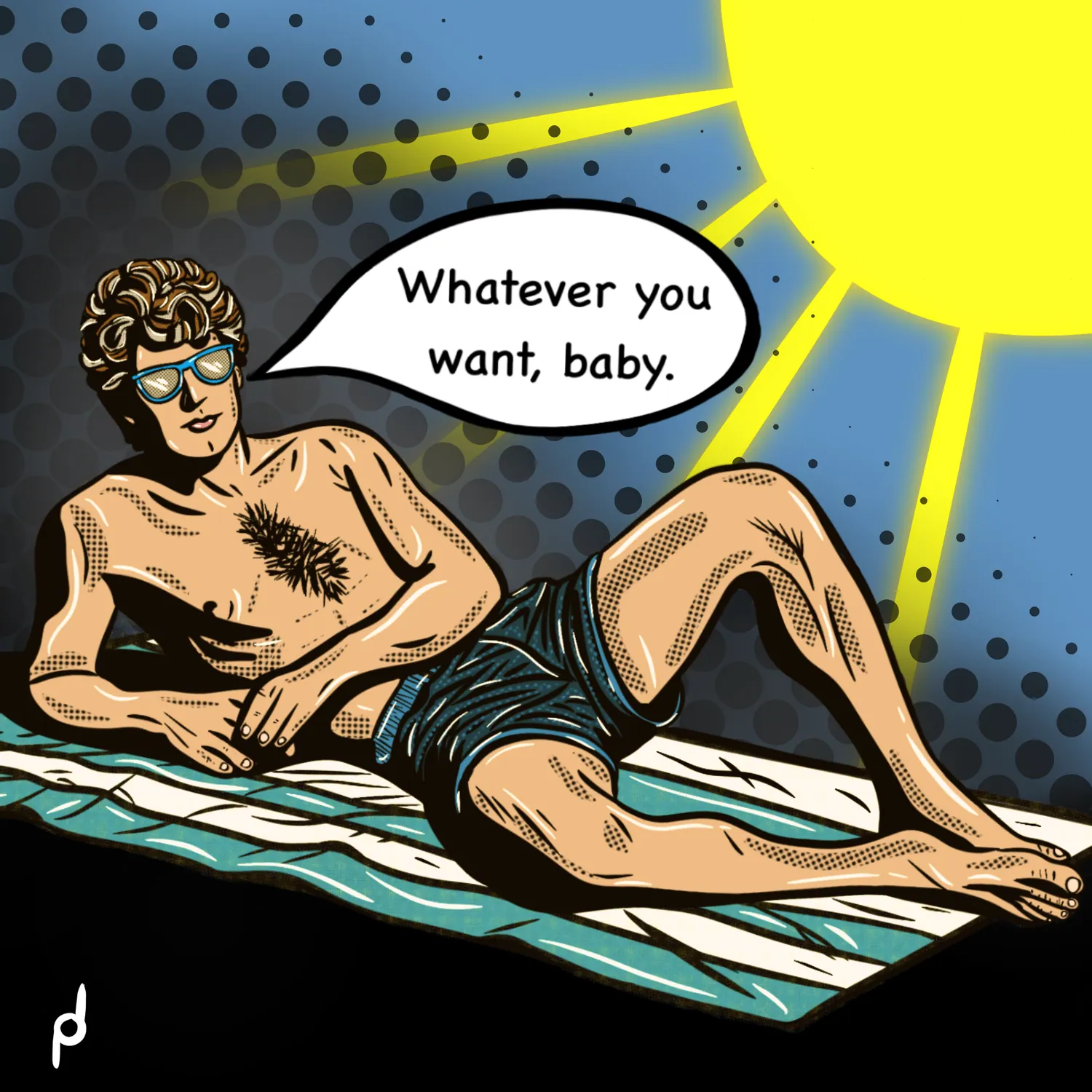 Pop-art illustration of a man reclining on a beach towel