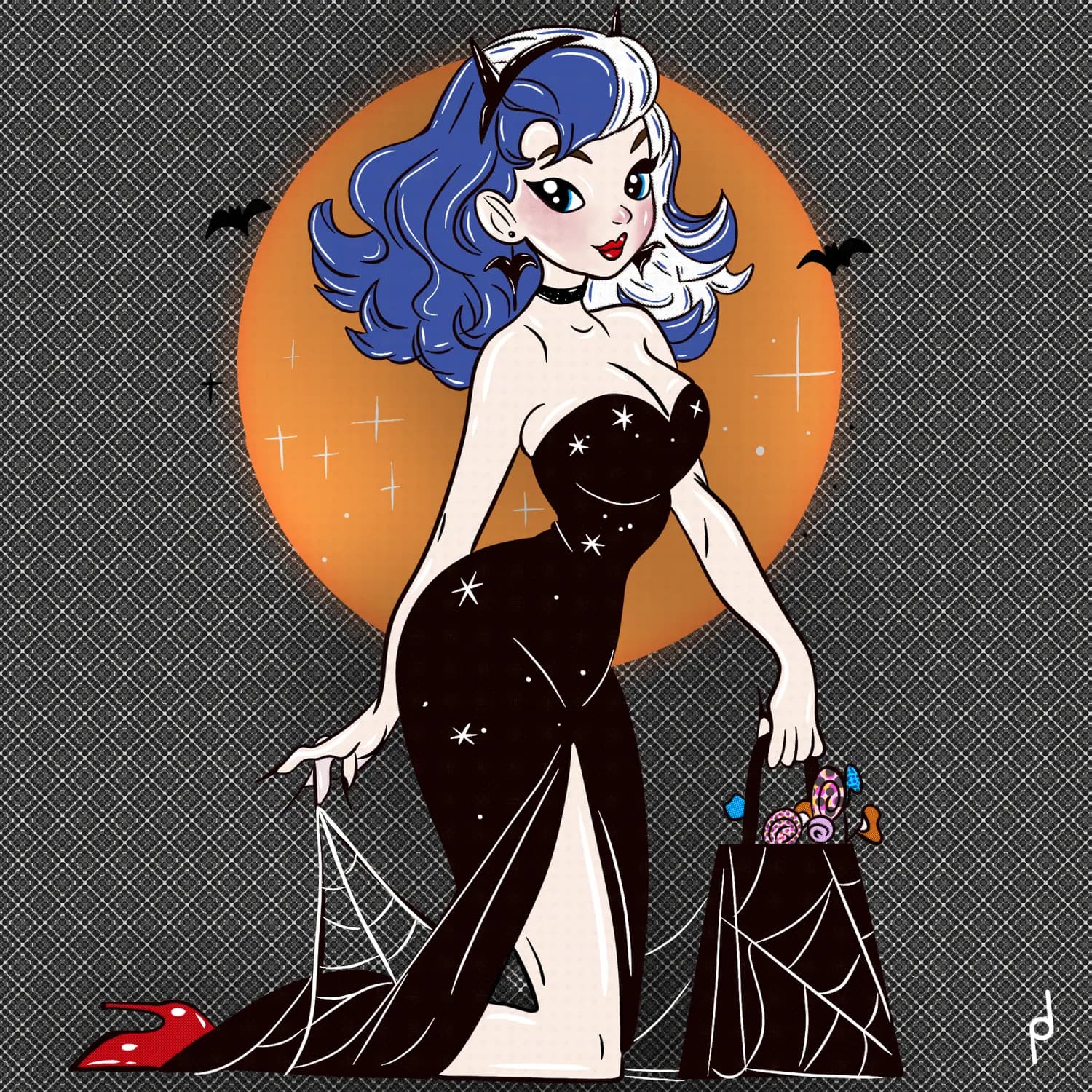 Illustration of a pin-up in a black gown with spiders