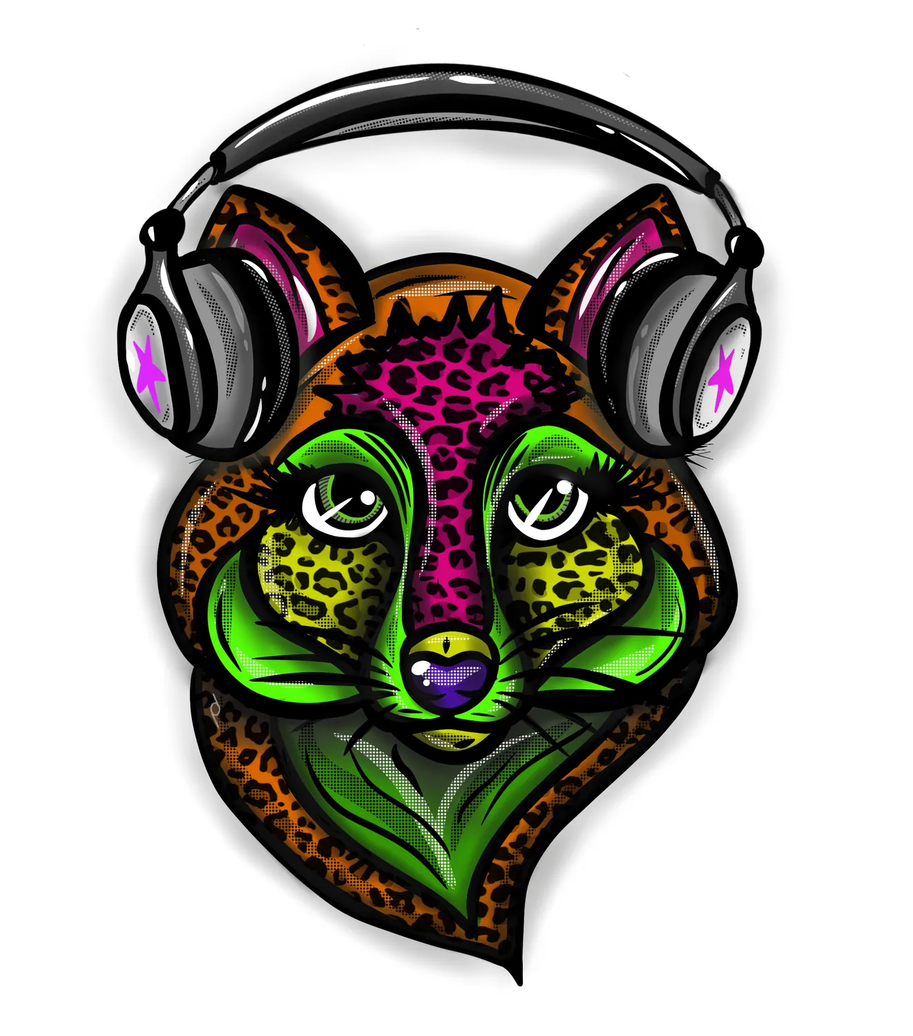 Illustration of a leopard face wearing headphones