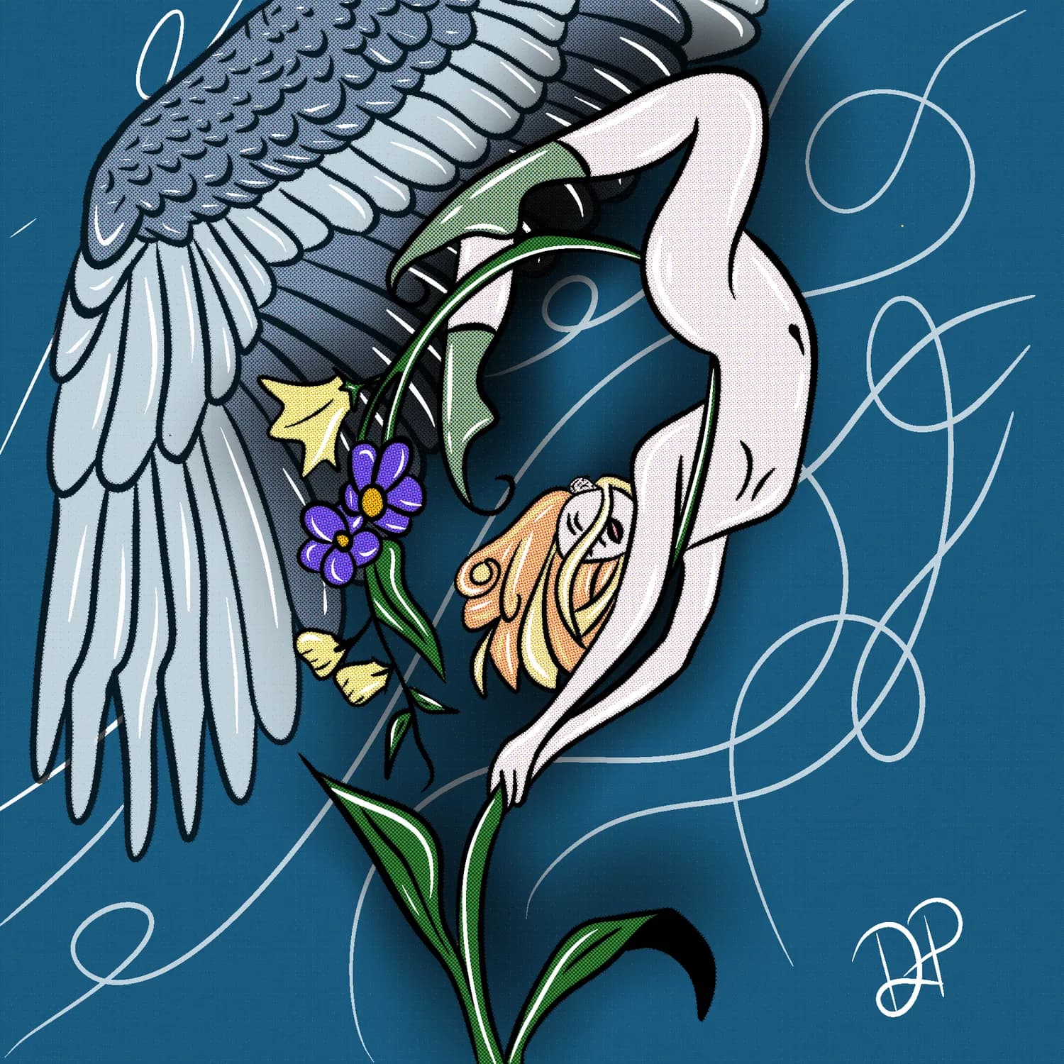 Illustration of a figure wrapped in a great wing