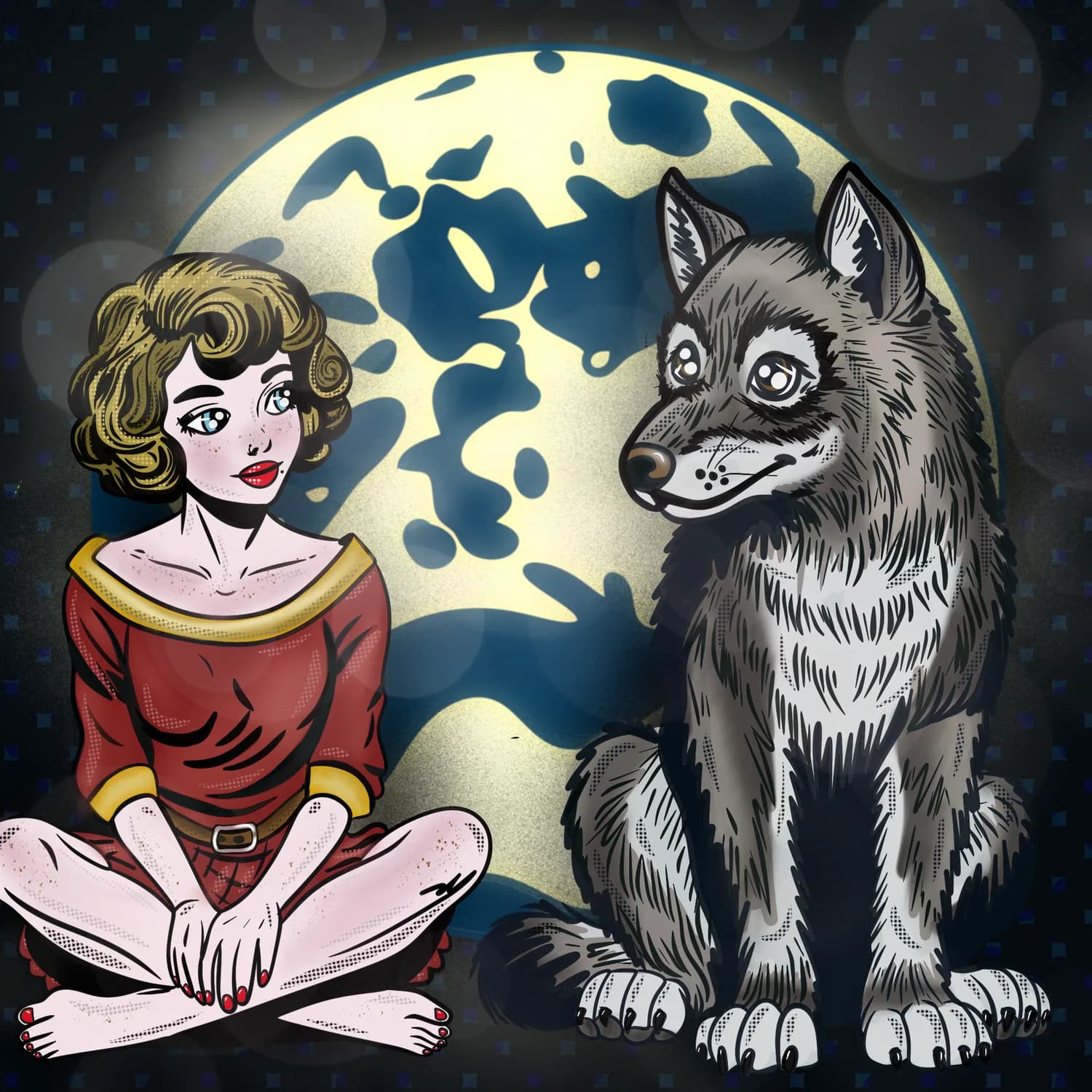 Illustration of a woman in a red dress sitting beside a wolf under a full moon
