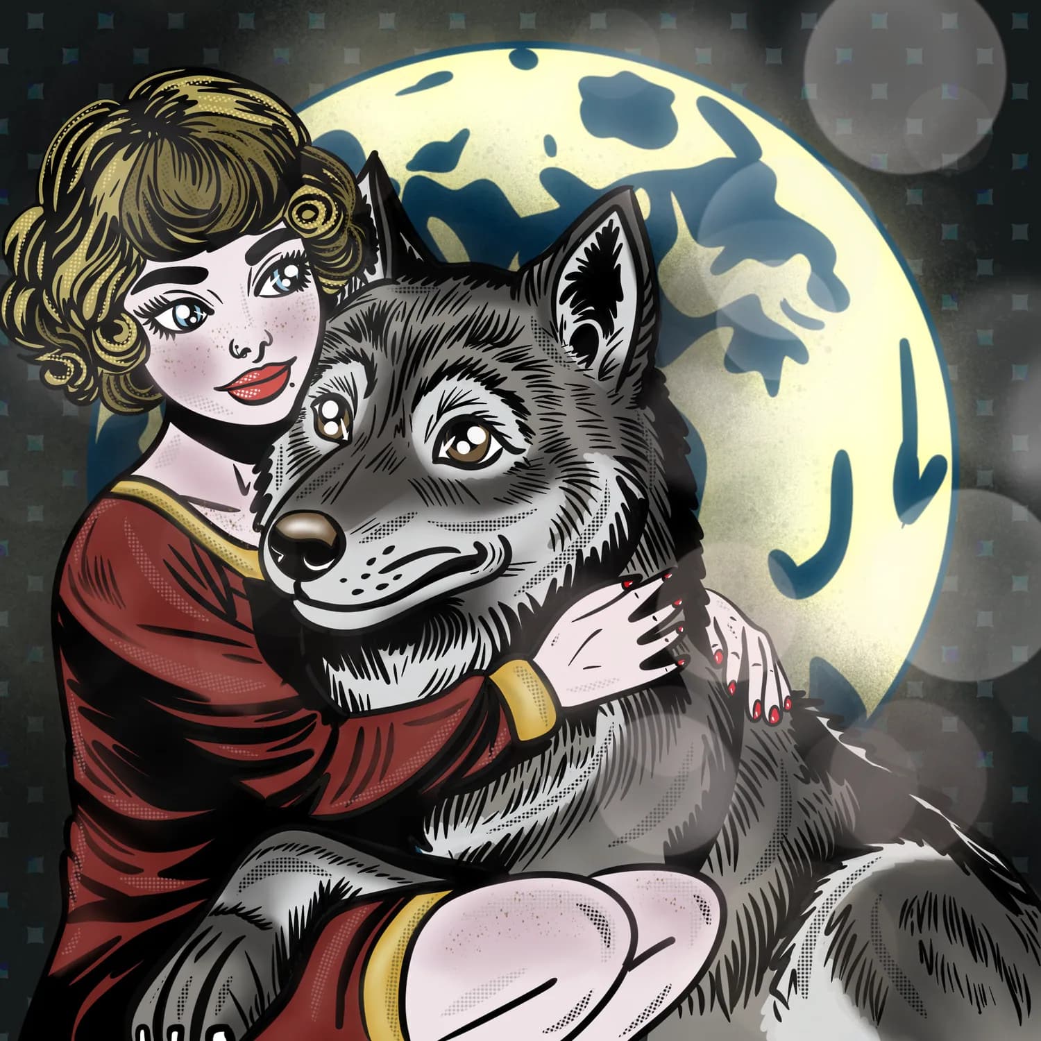 Illustration of a woman in a red dress holding a wolf under a full moon