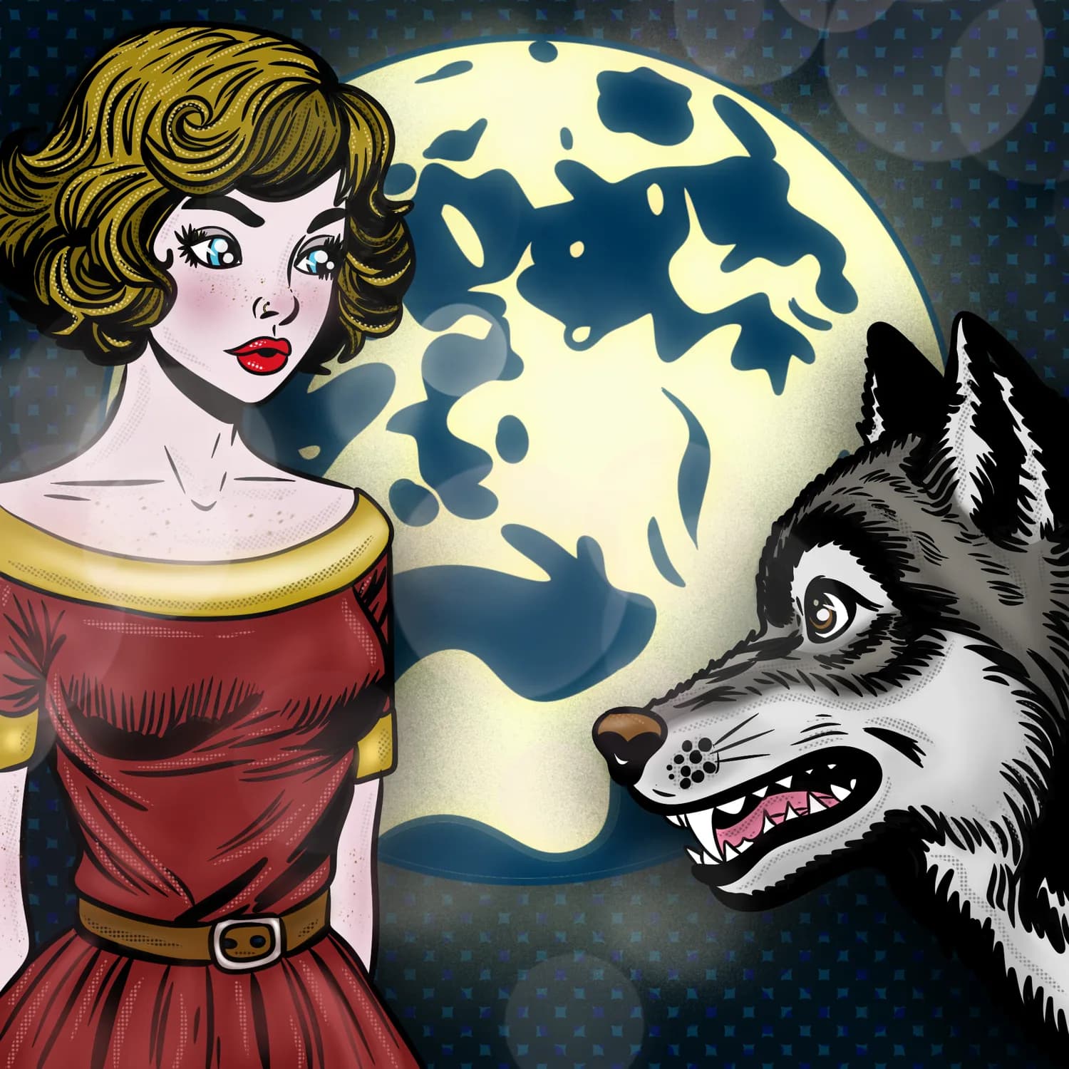 Illustration of a woman in a red dress facing a snarling wolf under a full moon