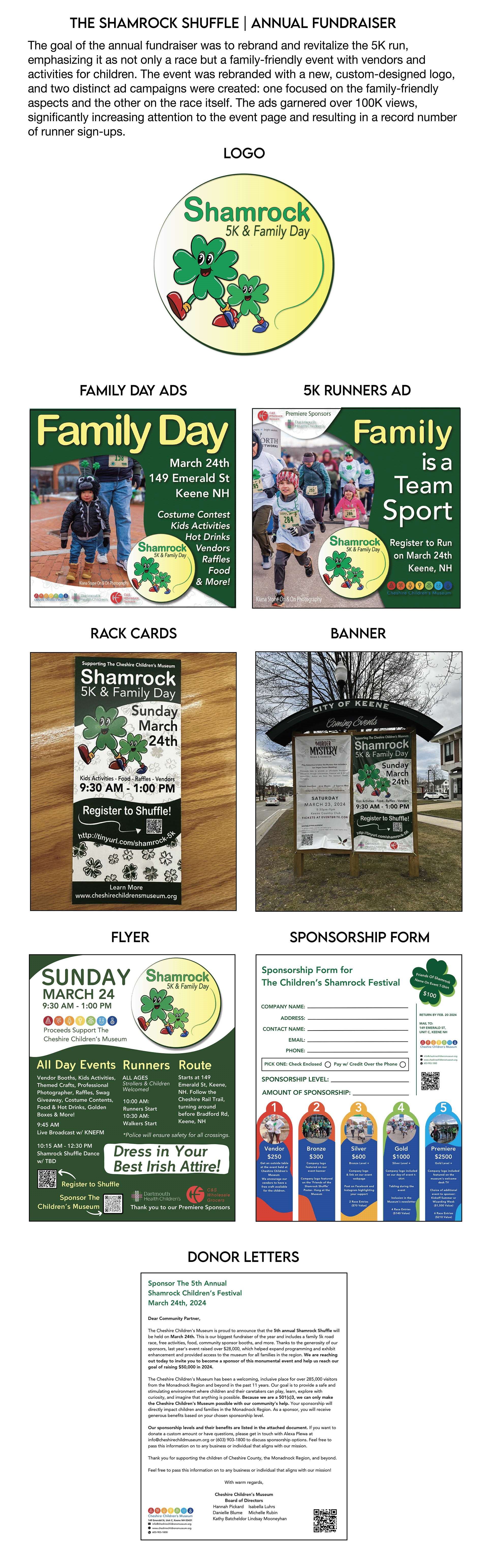 Shamrock Shuffle fundraiser — logo, ads, rack cards, banners, flyers, and donor letters | Event marketing by Black Rabbit Creative