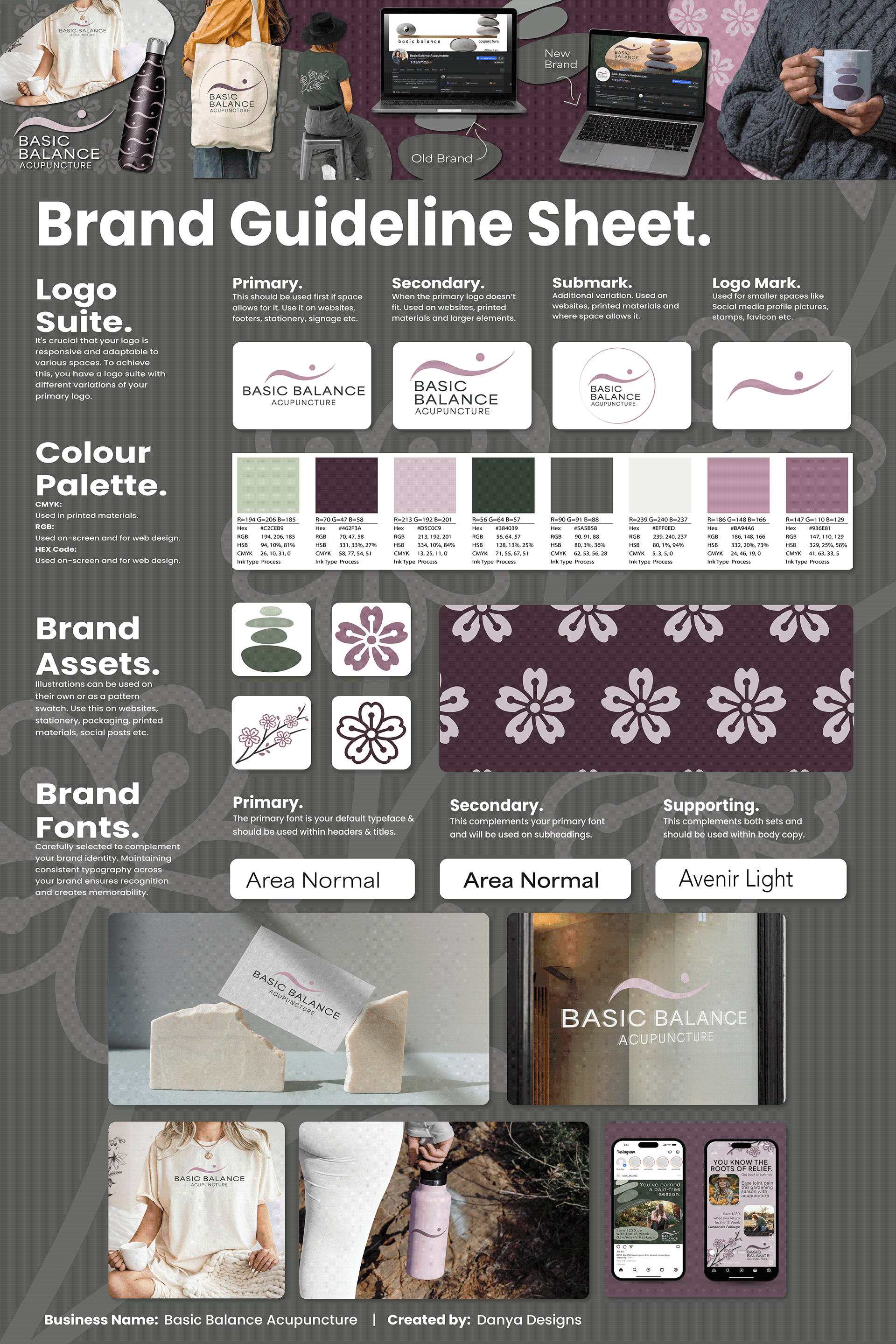 Basic Balance Acupuncture brand guideline sheet — logo suite, colour palette, brand assets, brand fonts, and real-world applications | Designed by Black Rabbit Creative