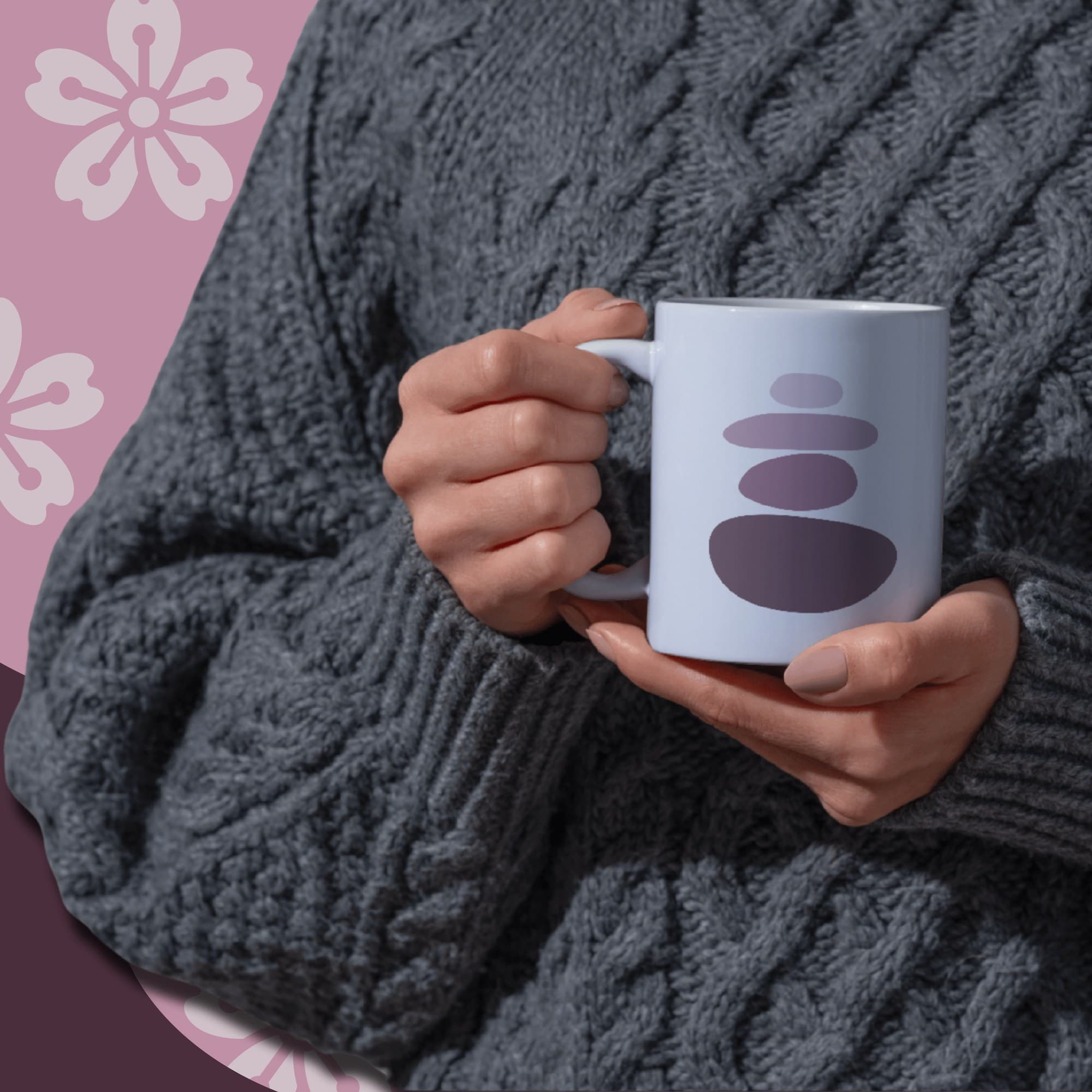 Basic Balance branded mug with stacked stones — merchandise by Black Rabbit Creative