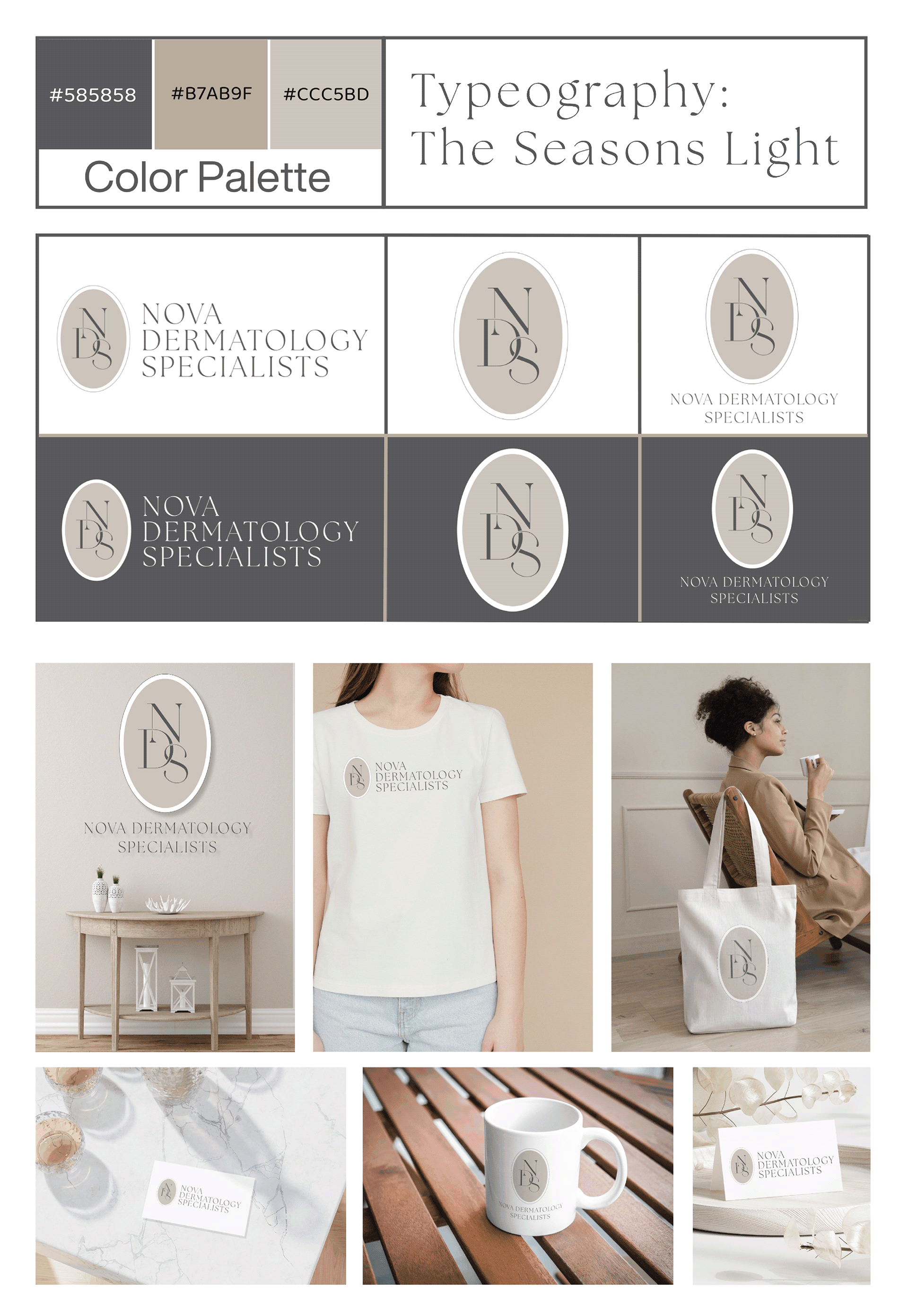 Nova Dermatology brand board — logo suite, color palette, typography, merchandise mockups | Designed by Black Rabbit Creative