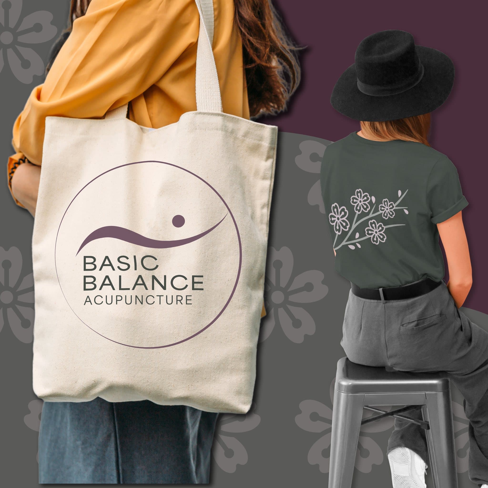 Basic Balance branded tote bag and cherry blossom t-shirt — merchandise by Black Rabbit Creative
