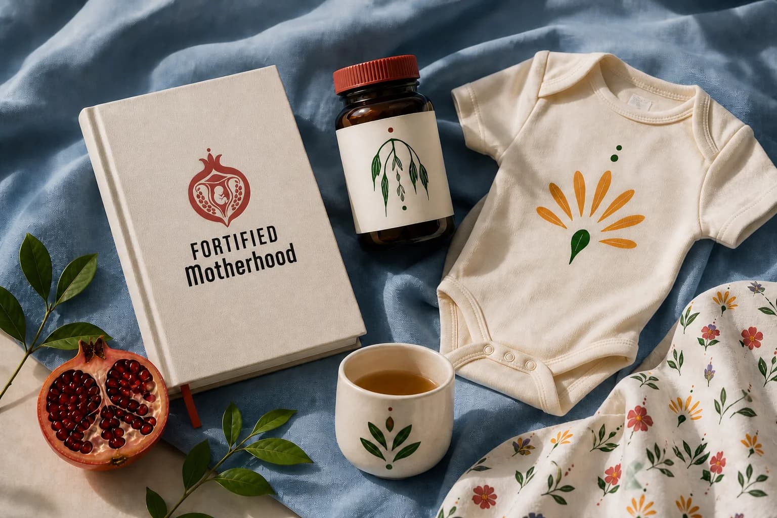 Fortified Motherhood brand collateral — journal, supplement jar, infant bodysuit and patterned swaddle styled with a halved pomegranate