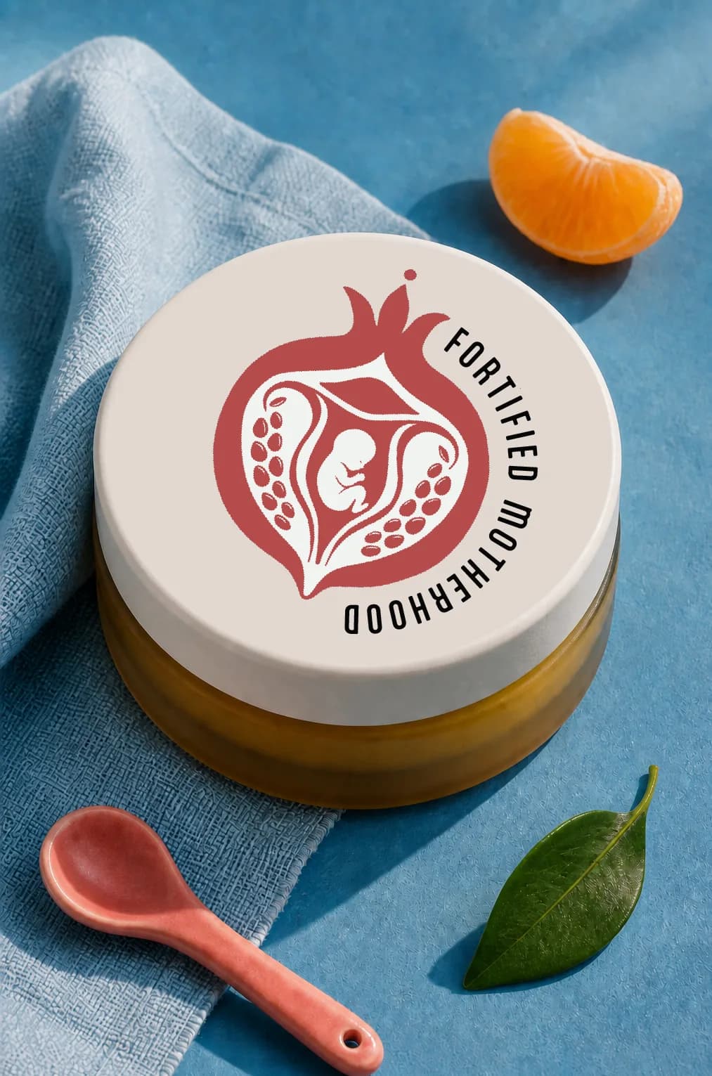 Fortified Motherhood balm tin stamped with the pomegranate logo mark