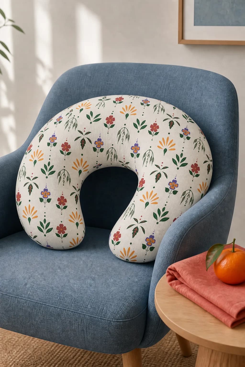Fortified Motherhood nursing pillow covered in the botanical repeating pattern