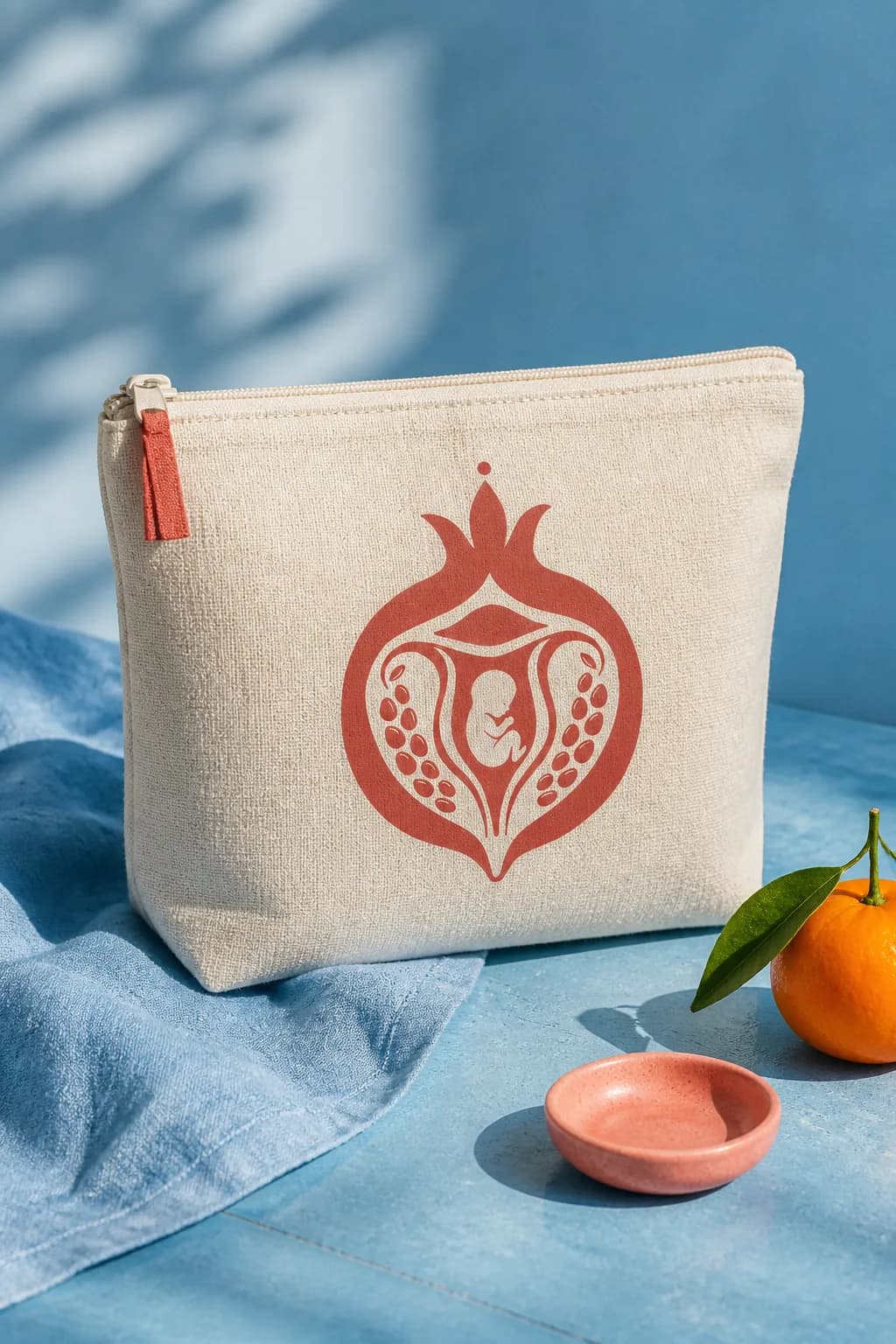 Fortified Motherhood canvas zip pouch printed with the pomegranate logo mark