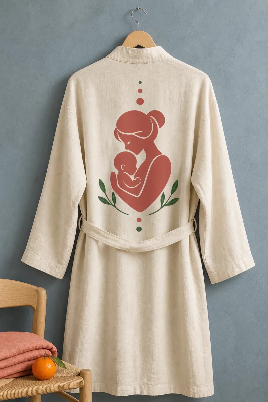 Fortified Motherhood robe embroidered with the mother and baby illustration