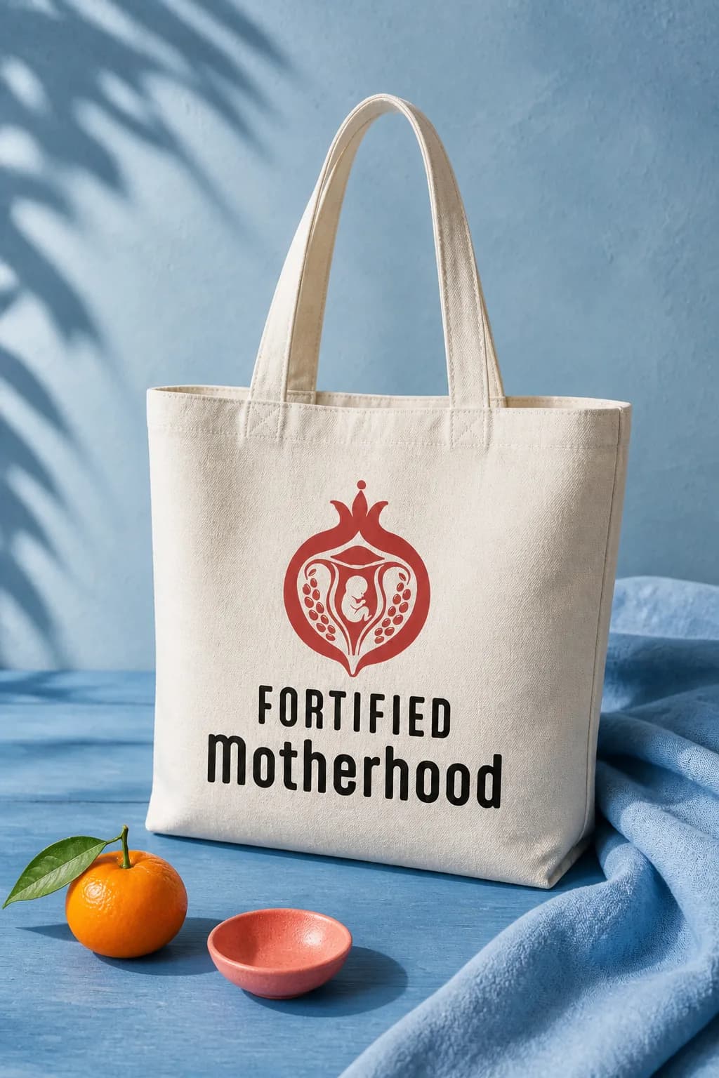 Fortified Motherhood canvas tote bag printed with the stacked pomegranate logo