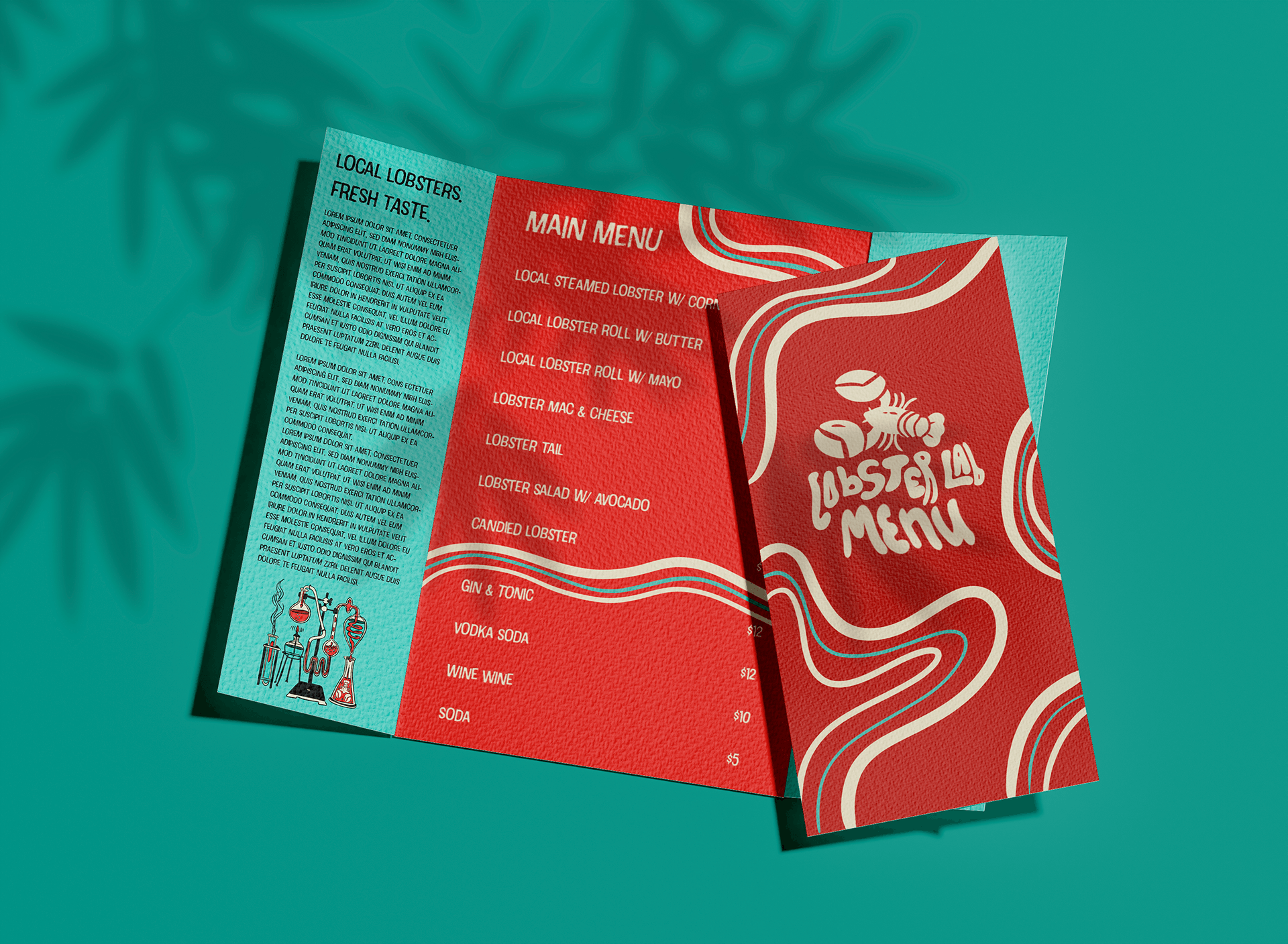 Lobster Lab bifold menu design — bold red with flowing wave patterns and retro typography | Menu design by Black Rabbit Creative, Portsmouth NH, New Hampshire, New England