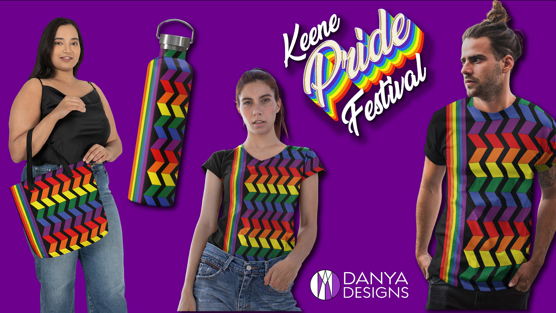 Keene Pride Festival merchandise spread — tote bags, water bottles, and t-shirts featuring the rainbow chevron design | Merchandise by Black Rabbit Creative, Portsmouth NH, New Hampshire, New England