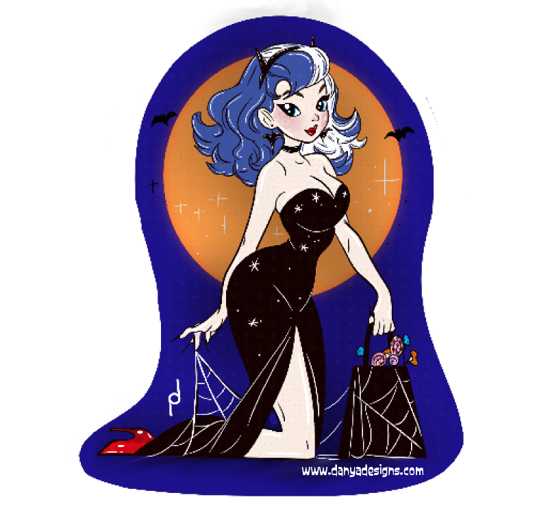Halloween glamour — custom illustrated die-cut sticker of an elegant character in a sparkling black gown under a full moon with bats