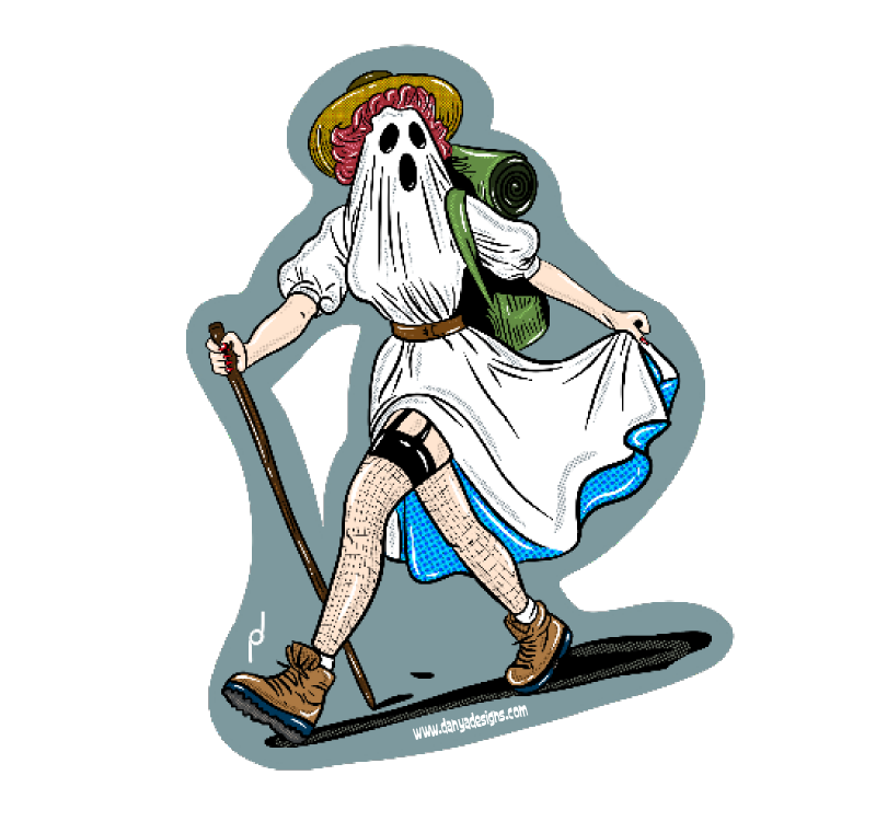 Hiking ghost — custom illustrated die-cut sticker of a ghost with a sun hat, backpack, and walking stick on an adventure