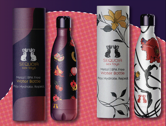 Sequoia Sex Toys branded water bottles with fruit and botanical patterns | Merchandise design by Black Rabbit Creative, Portsmouth NH, New Hampshire, New England