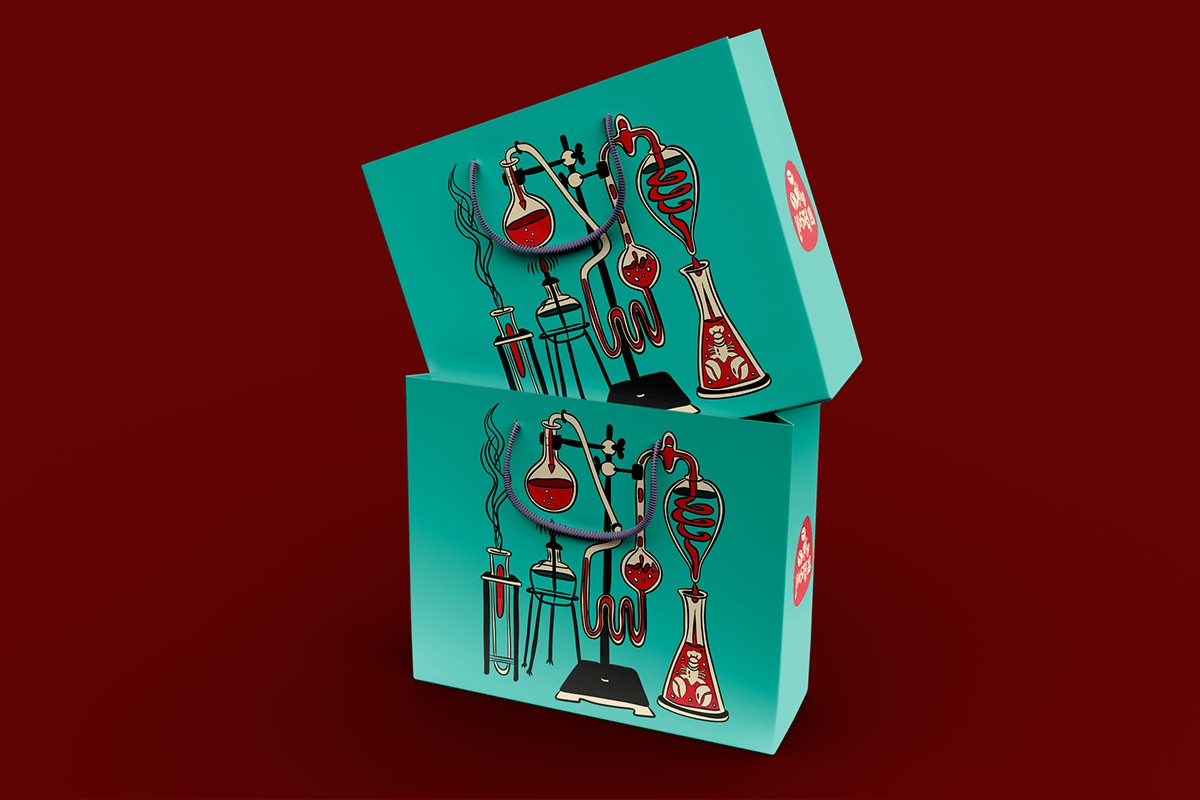 Lobster Lab stacked takeout boxes — teal with retro lab illustration on dark red background | Brand identity by Black Rabbit Creative, Portsmouth NH, New Hampshire, New England