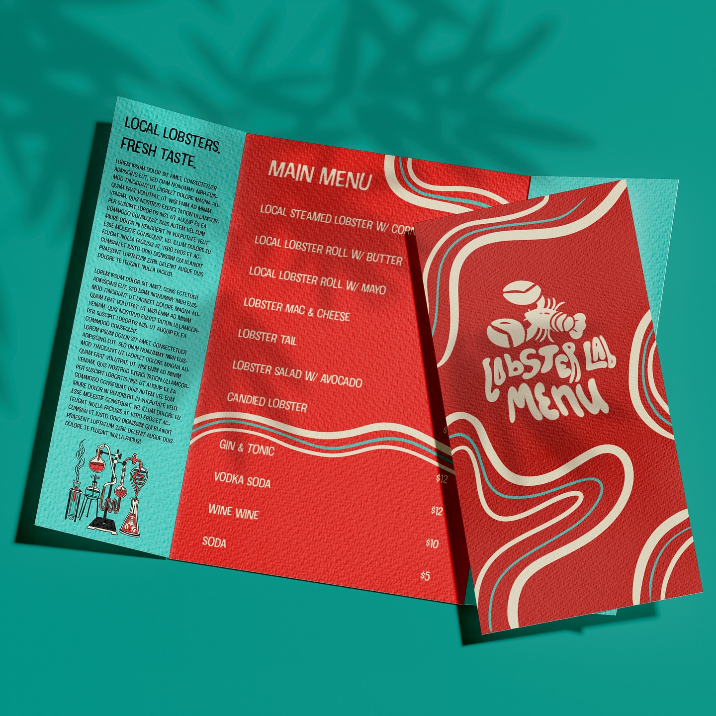 Lobster Lab — branded menu design in print