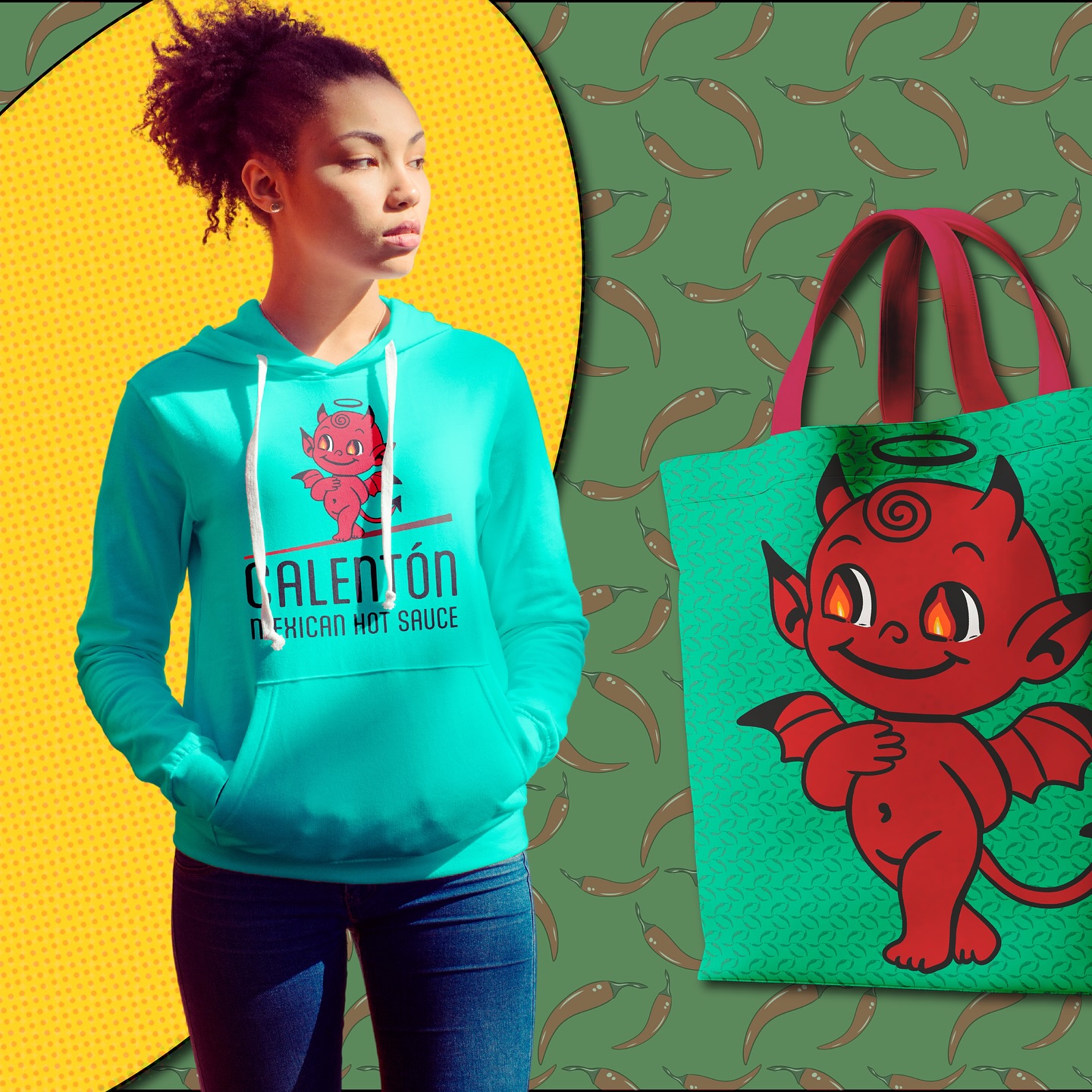 Calentón Mexican Hot Sauce — brand merchandise and illustration