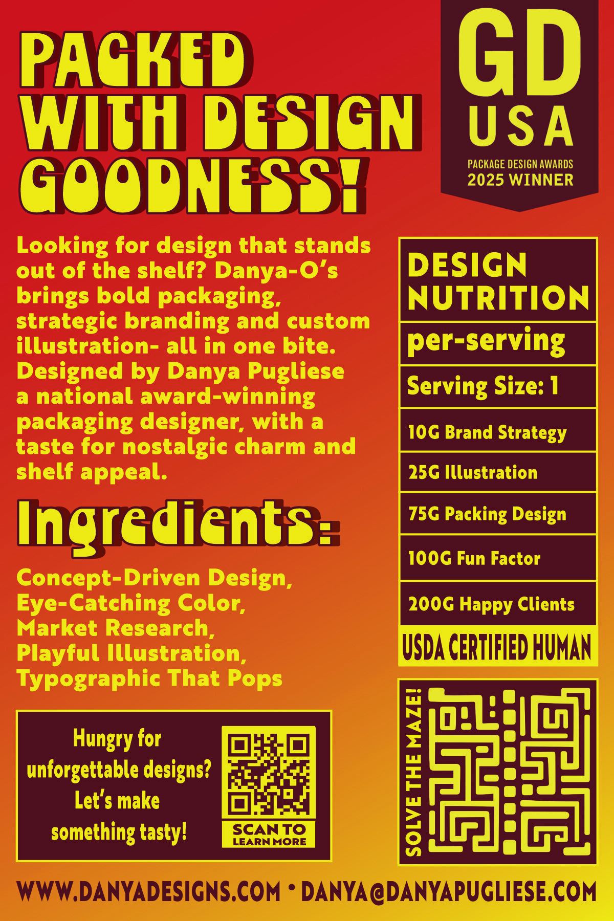 Danya-O's Creative Crunch cereal box back — Design Nutrition panel with brand strategy breakdown | Designed by Black Rabbit Creative, Portsmouth NH, New Hampshire, New England