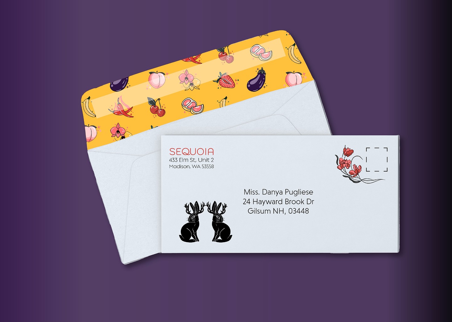 Sequoia Sex Toys branded envelopes with jackalope mark and fruit-motif liner | Designed by Black Rabbit Creative, Portsmouth NH, New Hampshire, New England